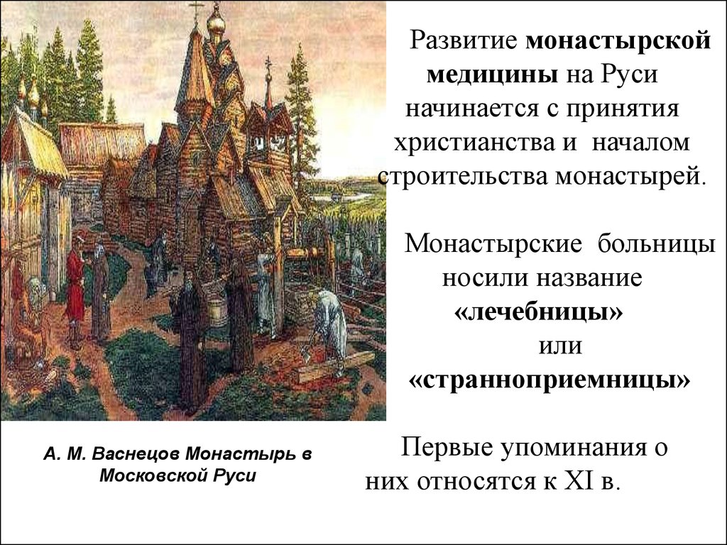 Упоминание руси. Монастырские больницы древней Руси. Монастырь в Московской Руси Васнецов. Картина Васнецова монастырь в Московской Руси. Монастырская медицина в древней Руси.