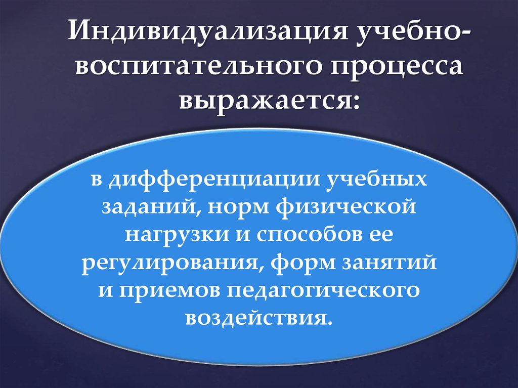 Презентация индивидуализация образовательного процесса. Дифференциация и индивидуализация учебно-воспитательного процесса. Индивидуализация воспитательного процесса. Задачи учебно-воспитательного процесса. Приемы педагогического воздействия в воспитательном процессе.