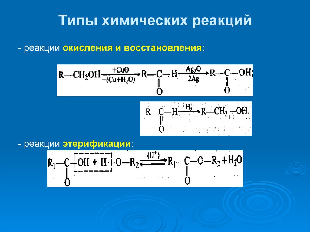 Типы окислительных реакций. Типы химических реакций окисление. Типы хим реакций этерификация Тип.