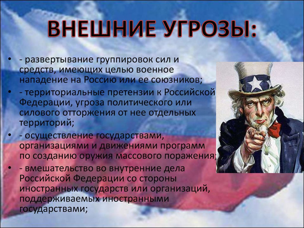 Какие основные внешние. Внешние военные опасности РФ. Внешние угрозы нац безопасности РФ. Внешние угрозы военной безопасности России. Внешние и внутренние угрозы РФ.