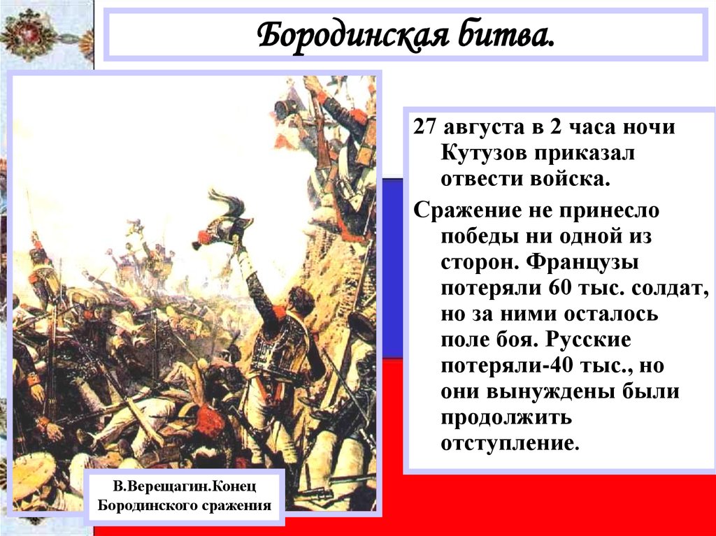 Русские потеряли. Конец Бородинского сражения. Конец Бородинского сражения картина. Конец Бородинского боя картина. Конец Бородинского сражения Верещагин описание.