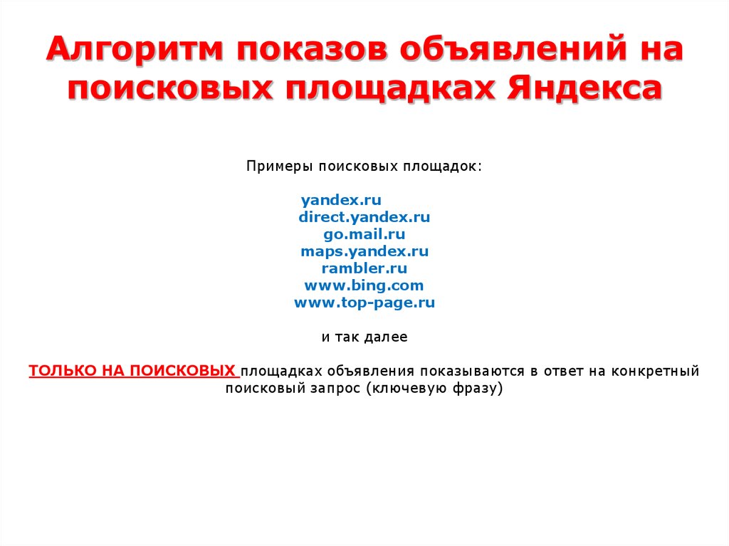 Алгоритм показов объявлений на поисковых площадках Яндекса