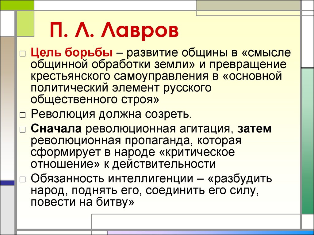 Борьба цель. Лавров п.л. итоги деятельности. Основные идеи Лаврова. Основные идеи п л Лаврова. Взгляды п л Лаврова.