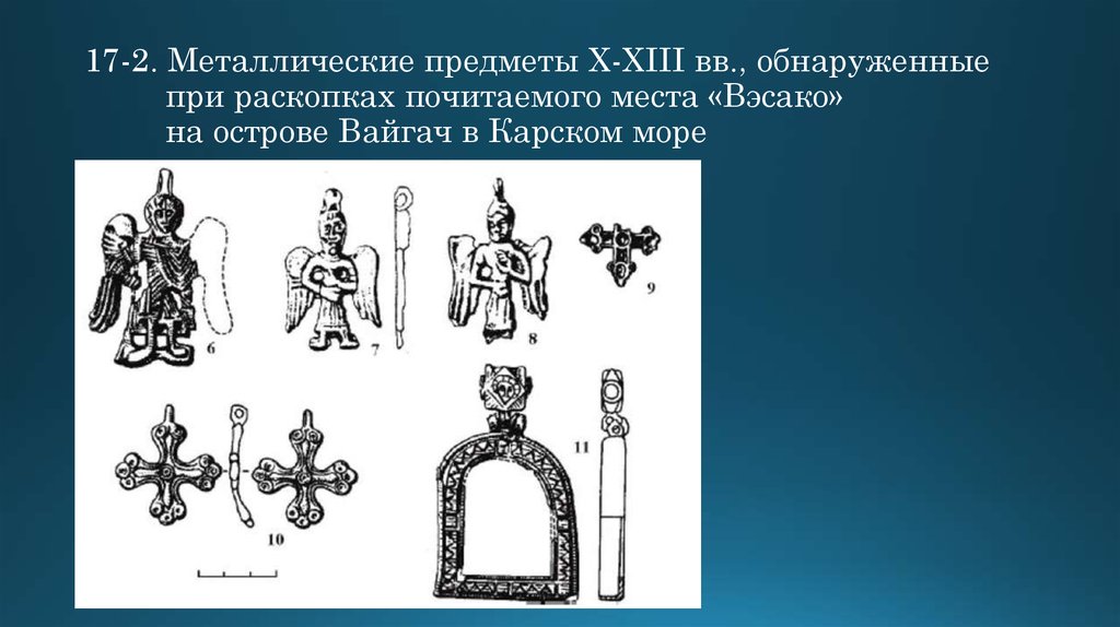 17-2. Металлические предметы Х-ХIII вв., обнаруженные при раскопках почитаемого места «Вэсако» на острове Вайгач в Карском море