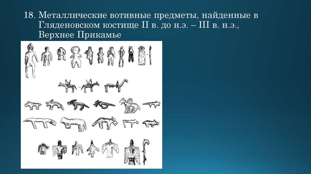 18. Металлические вотивные предметы, найденные в Гляденовском костище II в. до н.э. – III в. н.э., Верхнее Прикамье