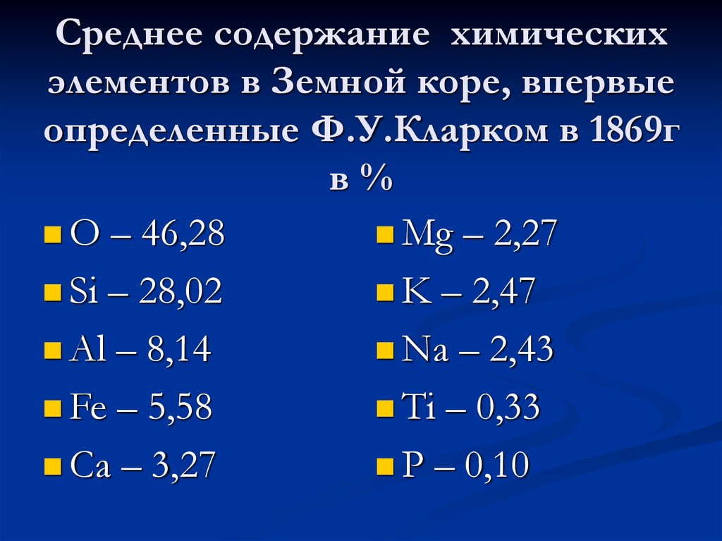 Среднее содержание химических элементов в Земной коре, впервые определенные Ф.У.Кларком в 1869г в %