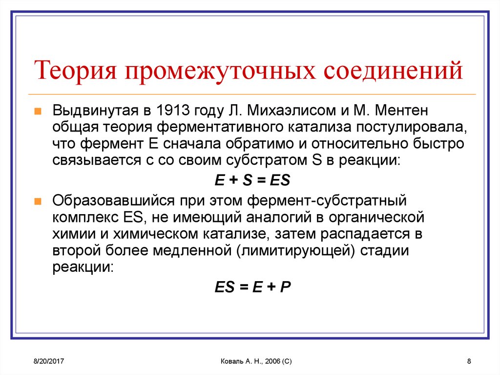 Теория соединений. Теория объемных промежуточных соединений. Теория промежуточных соединений в катализе. Теория промежуточных соединений ферментов.