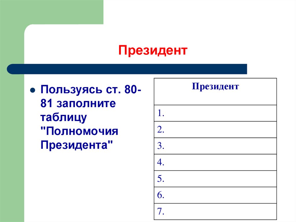 Заполните таблицу полномочия президента