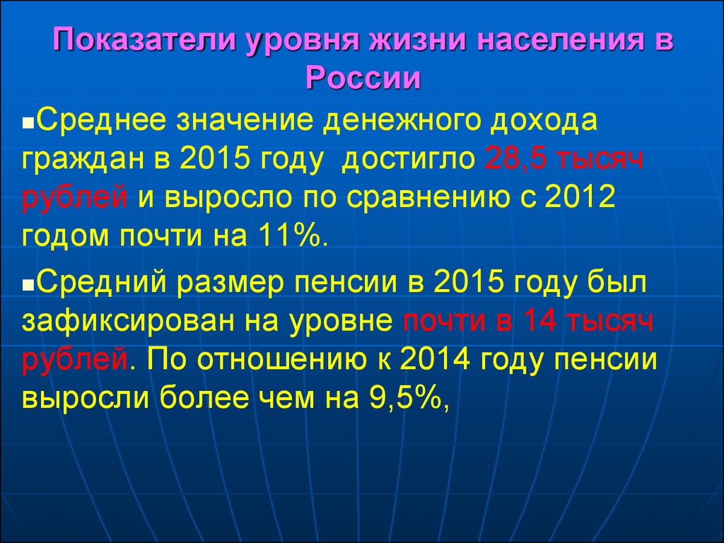 Показатели уровня жизни населения в России