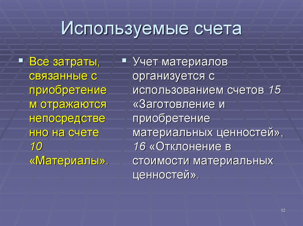 Учетные материалы. Все материальные счета. За счет использования. Товары счёт примет.