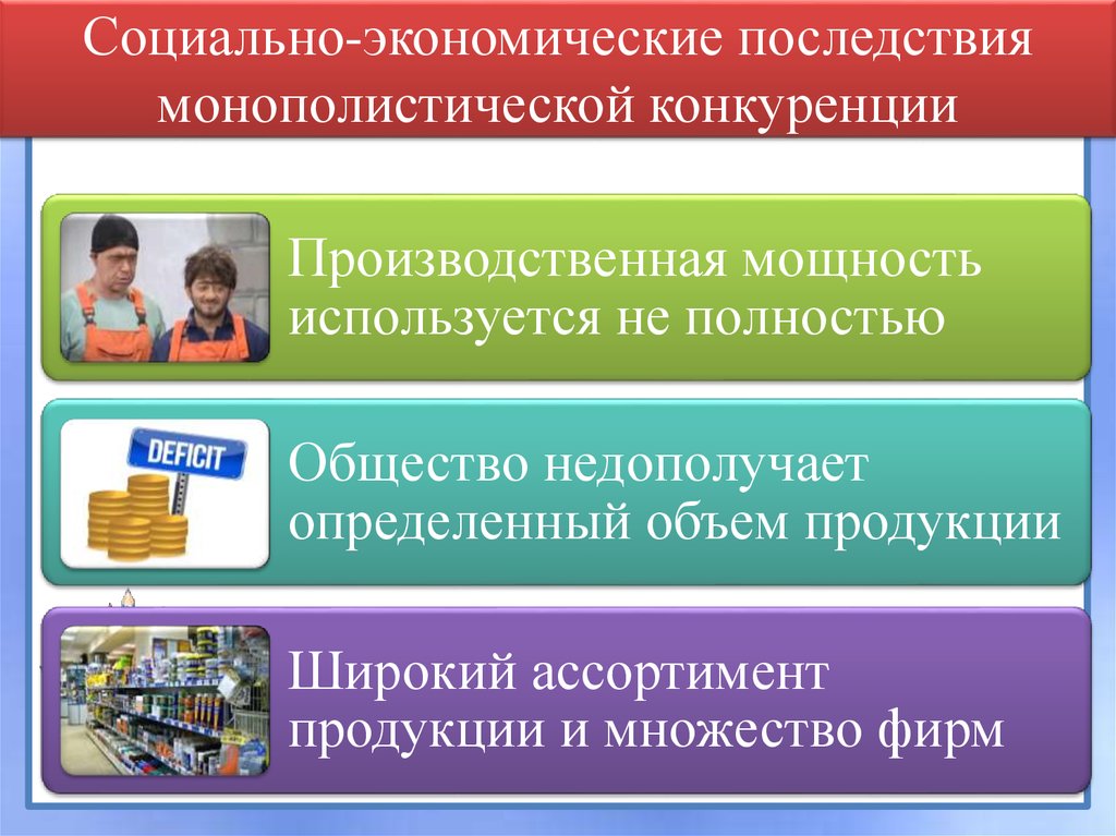 Социальные последствия конкуренции. Монополистическая конкуренция. Последствия монополистической конкуренции. Экономические последствия конкуренции. Эффективность монополистической конкуренции.