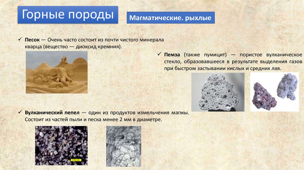 Размер зерен горных пород. Минералы слагающие породу песок. Горные породы магматического происхождения. Магматические горные породы вулкан. Песок порода состоящая из.