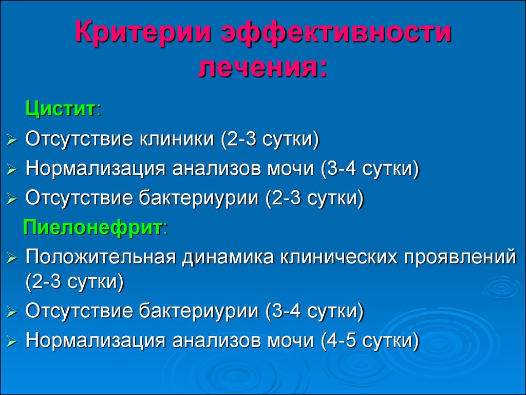 План л. Критерии эффективности лечения. Перечислите критерии эффективности лечение. Критерии эффективности лечения пиелонефрита. Контроль эффективности лечения пиелонефрита.