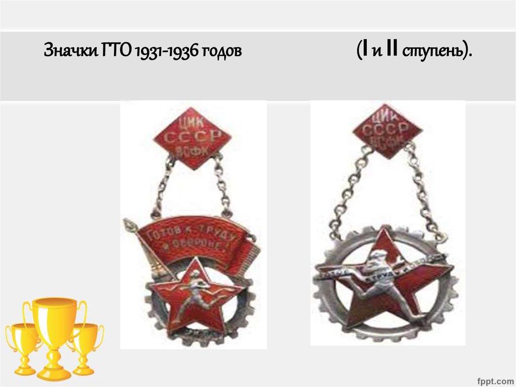 Значки ГТО 1931-1936 годов (I и II ступень).