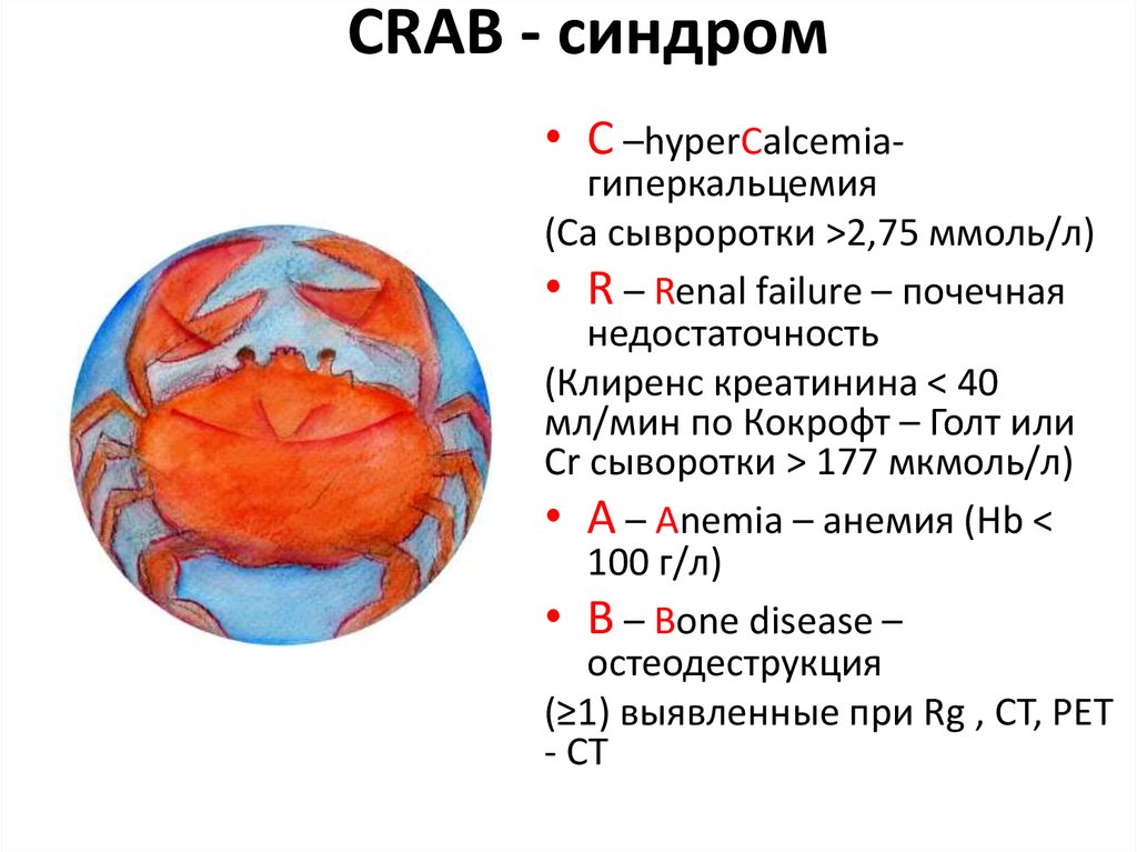 Анализ краба. Crab миеломная болезнь. Краб синдром миеломная болезнь. Crab множественная миелома. Crab симптомы.