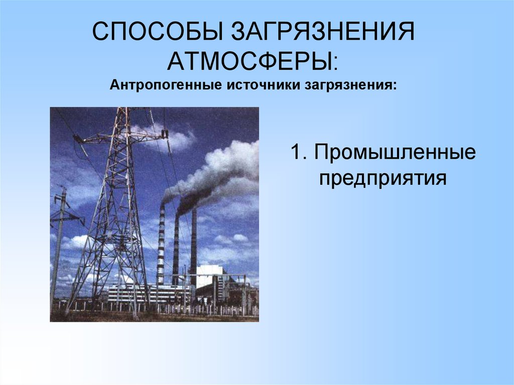 Антропогенные источники загрязнения атмосферы. Способы загрязнения атмосферы. Активные способы загрязнения воздуха.