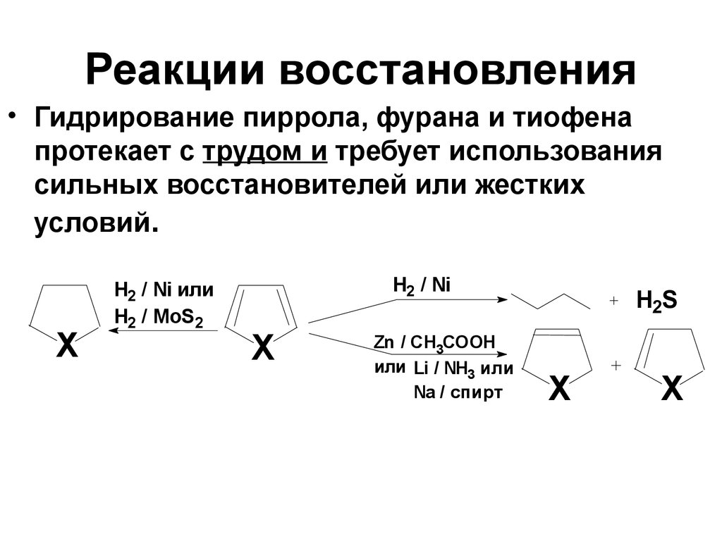 Реакция гидрирования восстановления. Реакция восстановления пиррола. Восстановление тиофена реакция. Каталитическое гидрирование тиофена. Схема восстановления фурана.