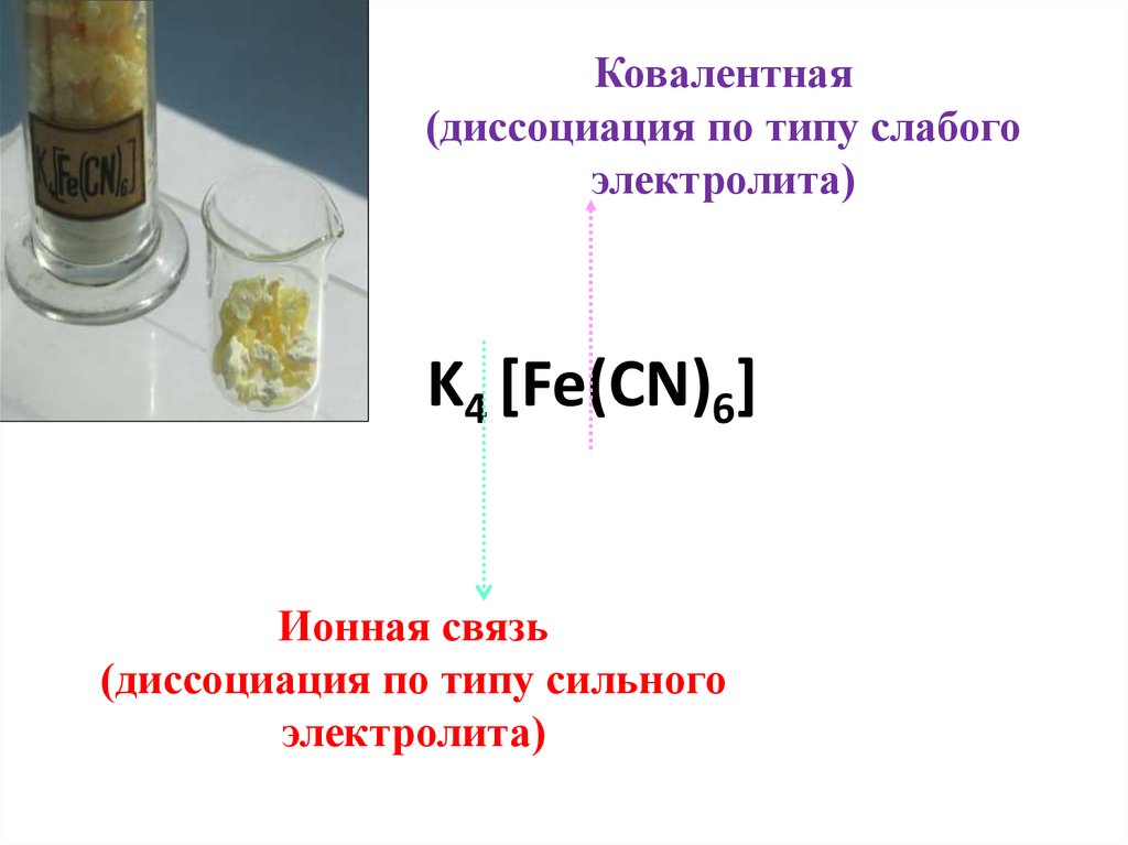 K4 fe cn 6. Ковалентная диссоциация по типу слабого электролита. Fe CN 6 диссоциация. K4 Fe CN 6 электролит.