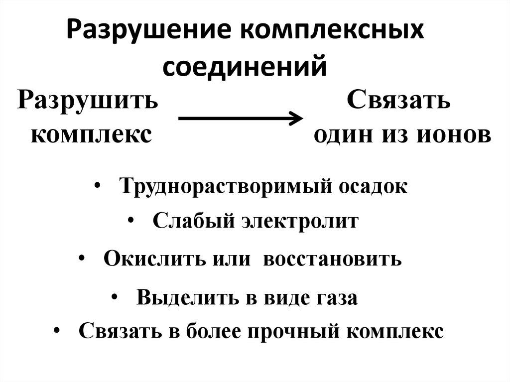 Разрушение комплексных. Реакции образования и разрушения комплексных соединений.. Разрушение комплексных соединений. Условия образования и разрушения комплексов. Условия образования и разрушения комплексных соединений.