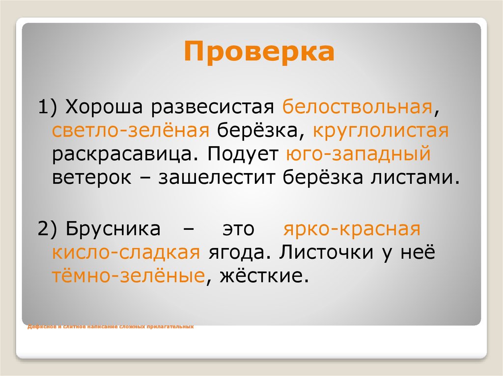 Проверен лучшая. Хороша развесистая белоствольная. Сложных прилагательных слово белоствольная. Хороша развесистая белоствольная светло-зеленая веселая береза. Ревизия прилагательное.