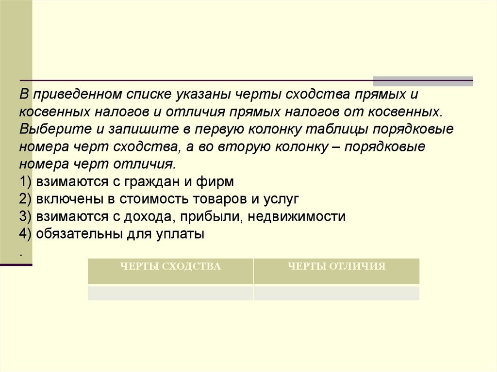 Укажите черты сходства и различия. Черты отличия косвенных и прямых налогов. Черты сходства и отличия прямых и косвенных налогов. В приведённом списке указаны черты. Прямые и косвенные налоги сходства.