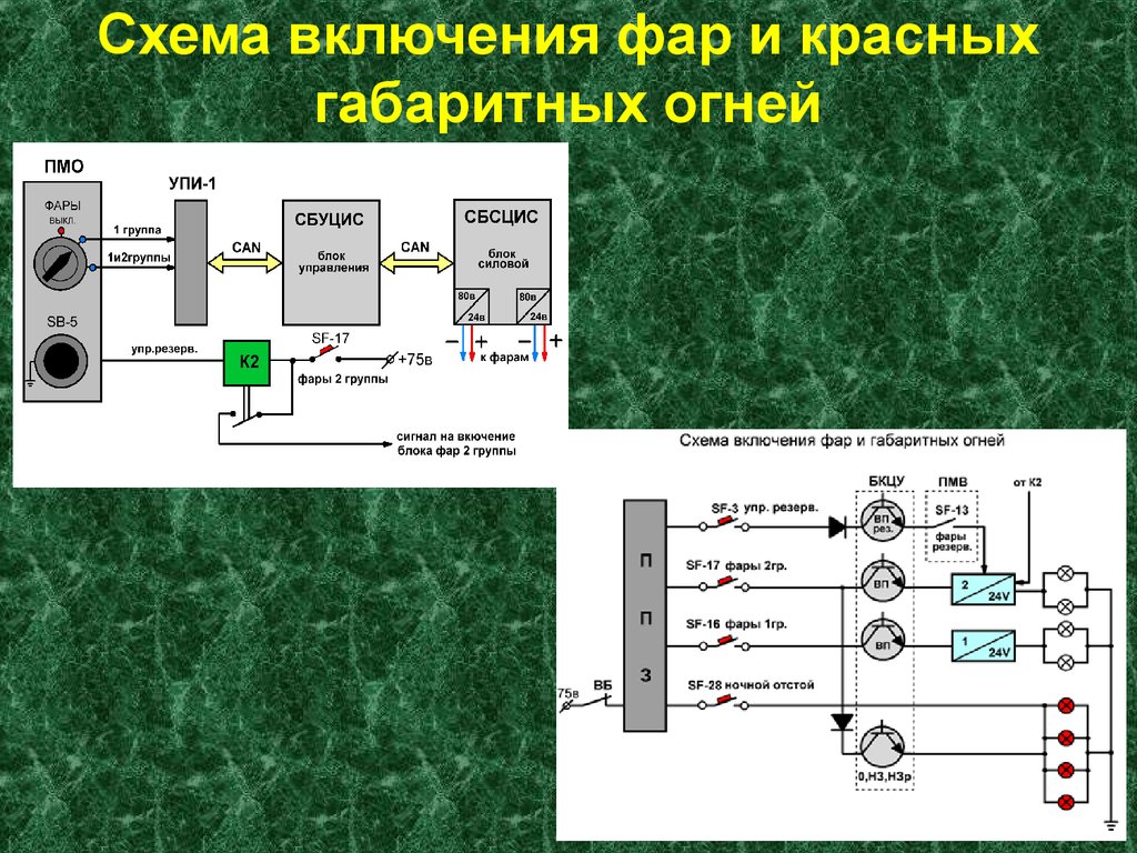 Схема включения фар и красных габаритных огней