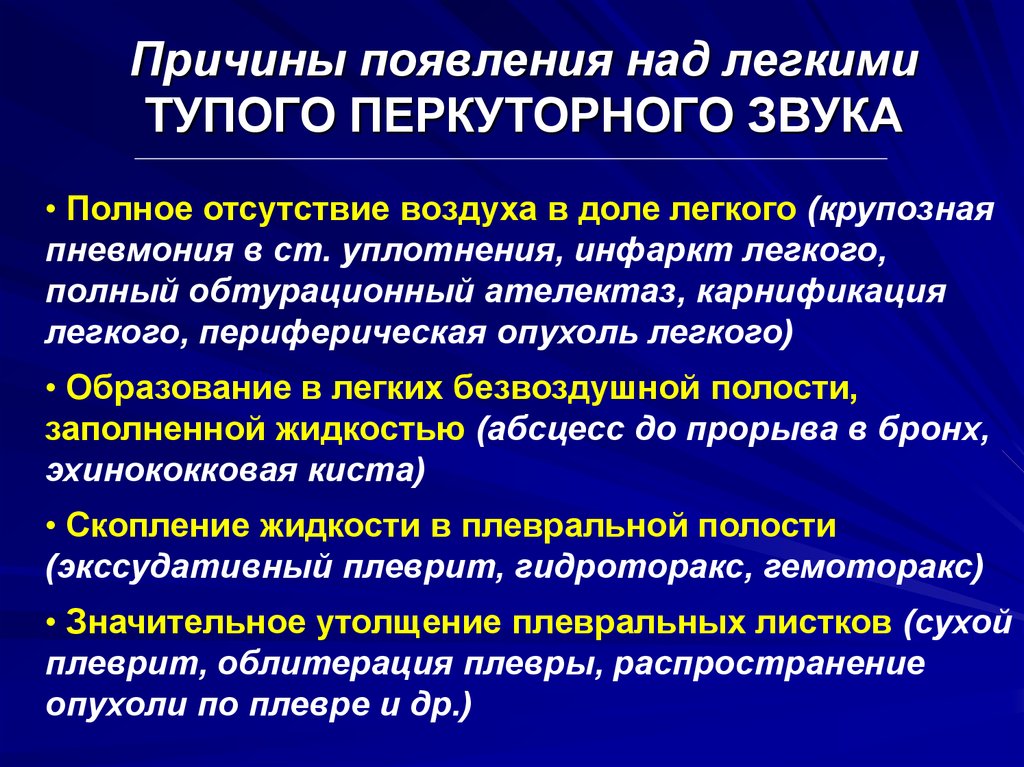 Появление легких. Причины тупого звука над легкими. Механизм возникновения над легкими тупого перкуторного звука. Тупой перкуторный звук причины возникновения. Причины изменений перкуторных звуков над легкими.