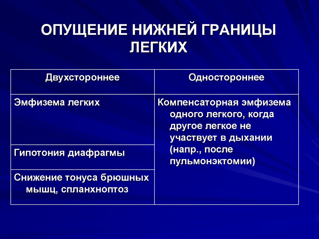 Нижний причина. Опущение нижних границ легких. Двустороннее опущение нижней границы легких может наблюдаться при:. Смещение границ легких. Смещение нижних границ легких вниз.