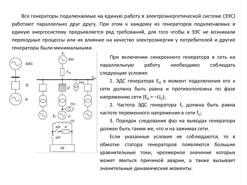 Параллельная работа синхронных генераторов. ЭДС синхронного генератора. Параллельная работа синхронных генераторов с сетью. Включение синхронных генераторов на параллельную работу. Условия включения синхронных генераторов на параллельную работу.