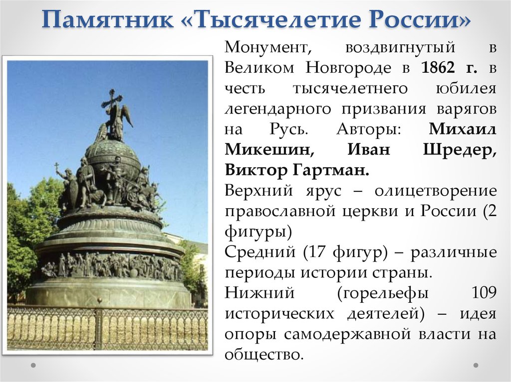 Кто создает памятники. Памятник тысячелетие России в Новгороде 1862 г. Микешин памятник тысячелетию России в Великом Новгороде в честь. Монумент тысячелетие России в Великом Новгороде средний ярус. Памятник тысячелетия России в Великом Новгороде описание.