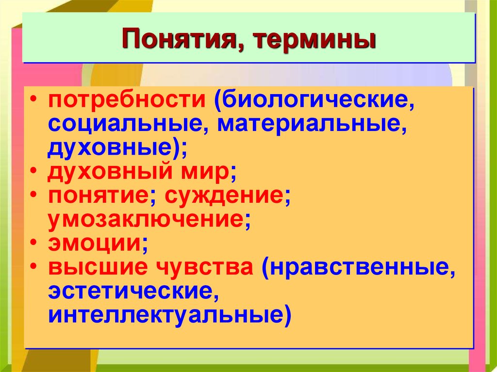 Потребности человека 6 класс. Термины биологические потребности человека. Духовные термины. Нравственные, эстетические, интеллектуальные и социальные чувства.. Биологические потребности термин.