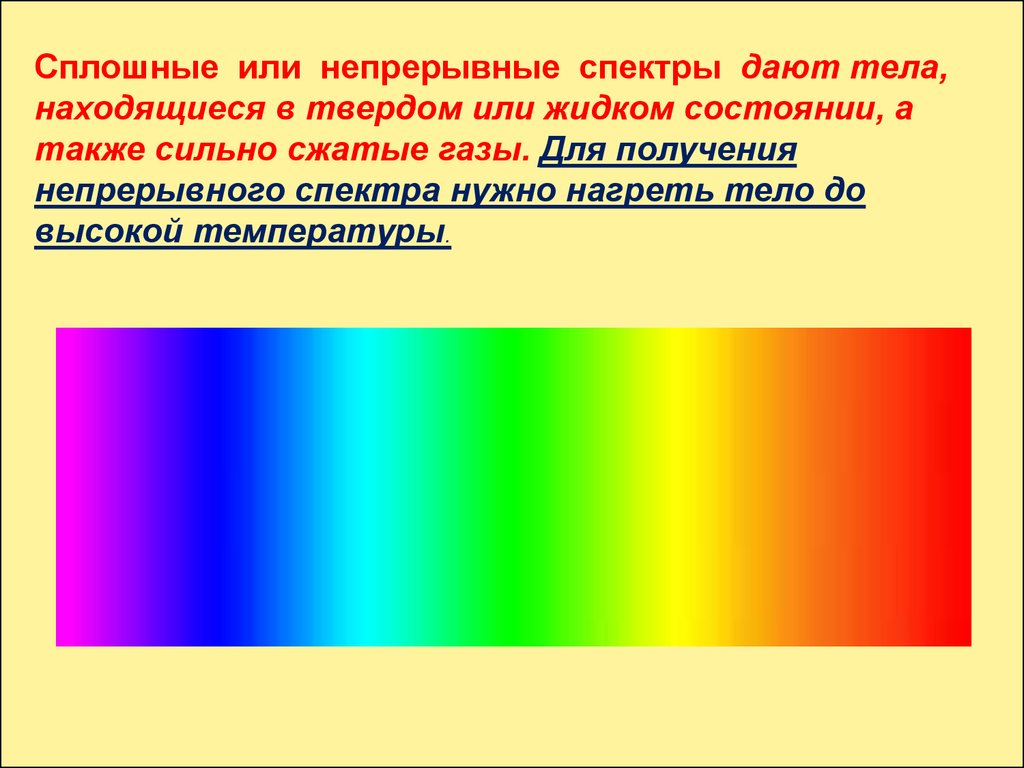 В каком случае можно наблюдать сплошной спектр. Непрерывный спектр излучения спектр испускания. Сплошной спектр. Сплошные спектры излучения. Сплошной непрерывный спектр.