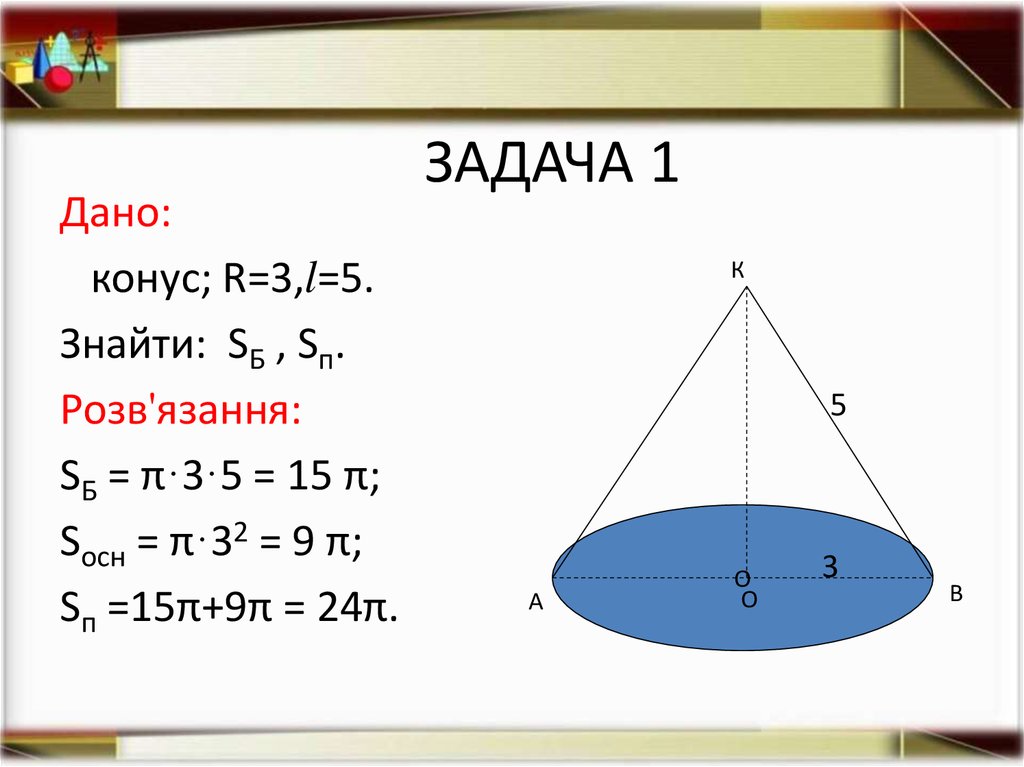 Памятка со всеми формулами конуса. Формула для знаходження площі Бічної поверхні конуса записується.
