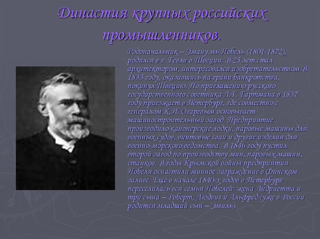 Промышленник. Династия промышленников Нобелей. Родоначальник. Фамилии крупных промышленников. В 1872 году родился.