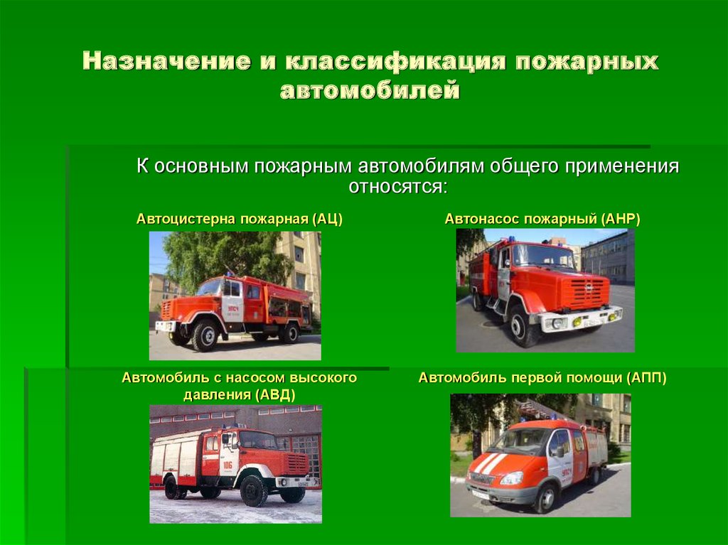Использование пожарных автомобилей. Пожарный автомобиль с насосом высокого давления (АВД). Типы пожарных автомобилей. Пожарные автомобили классифицируются на. Основные типы пожарных автомобилей.