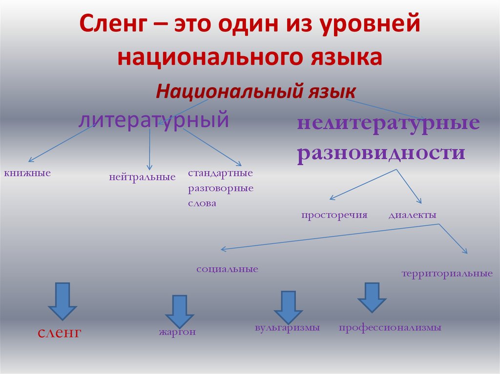 Жаргон отличается. Виды сленга. Виды сленга схема. Национальный и литературный язык. Виды молодежного сленга.