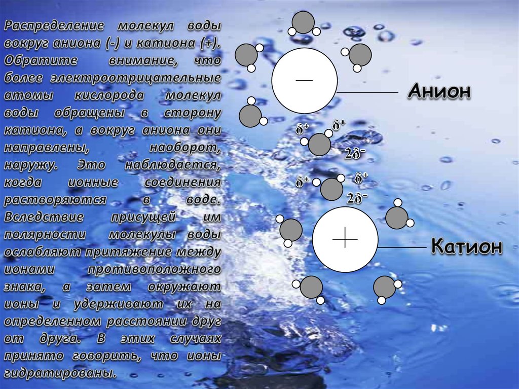 Кислород определяемый в воде. Анионы в воде это. Анион молекулы воды. Распределение молекул воды вокруг ионов. Катионы и анионы в молекулах.