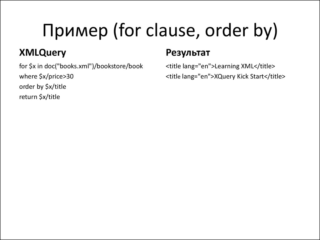 Пример (for clause, order by)