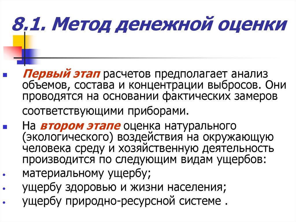 Методика 8. Метод денежной оценки этапы. Оценка натурального ущерба этап. Монетарный метод. Что такое первая стадия расчета.