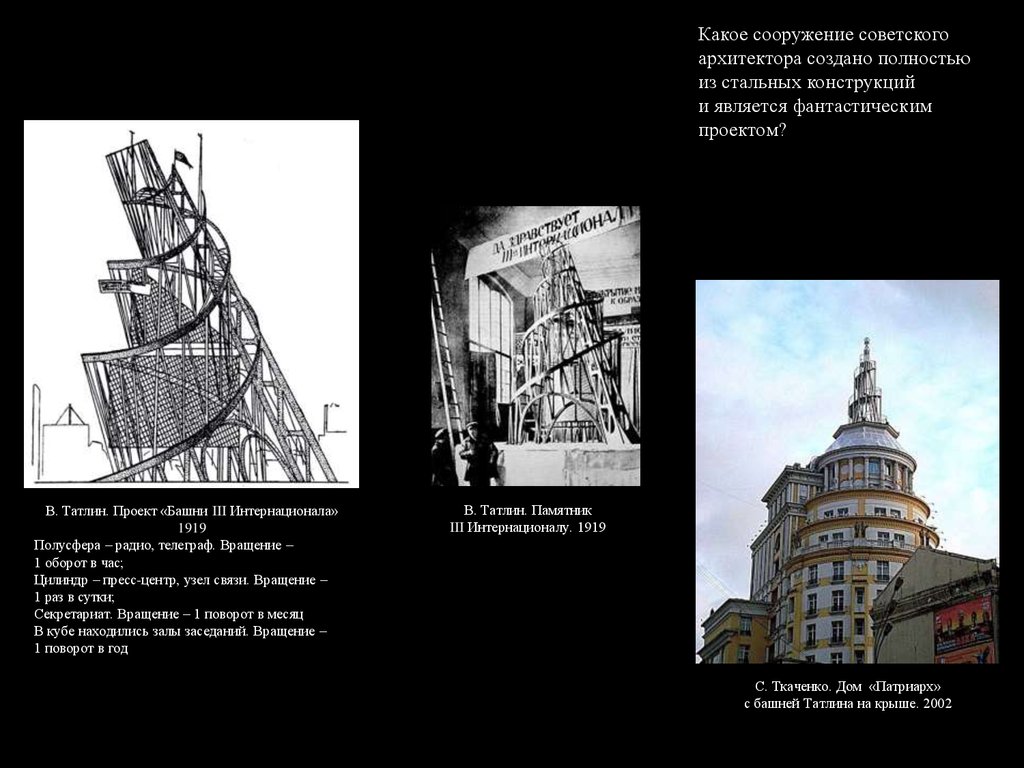 Какое сооружение являющееся. Архитектурные стили 20 века ХХ века. Дадаизм в архитектуре 20 века. Башня Татлина на крыше. Башня Татлина чертеж.