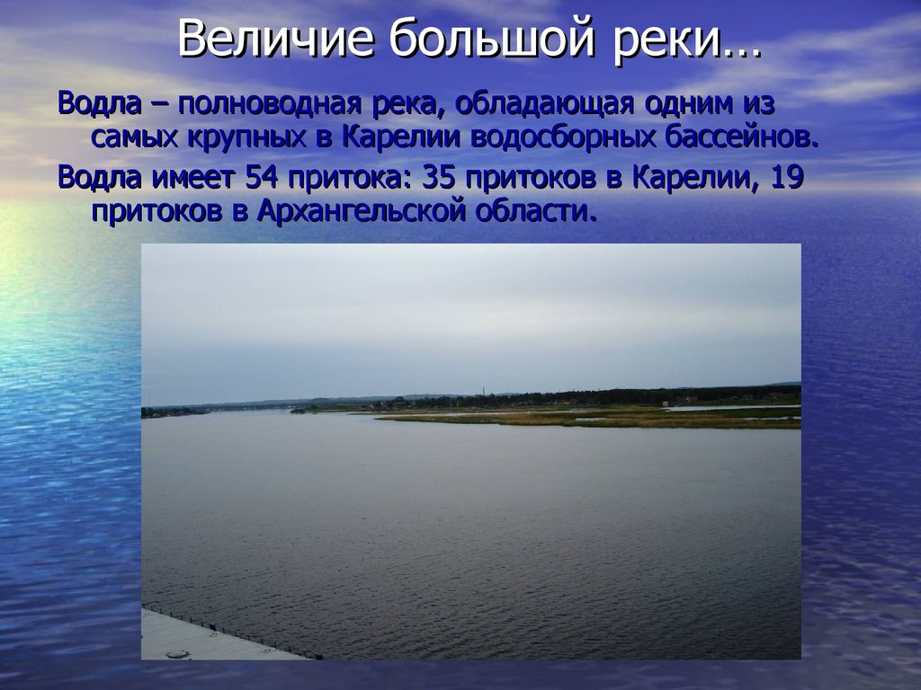 В течение полноводной реки. Самая большая река Архангельской области. Самая крупная река Карелии. Крупные реки Архангельской области. Притоки реки Водлы.