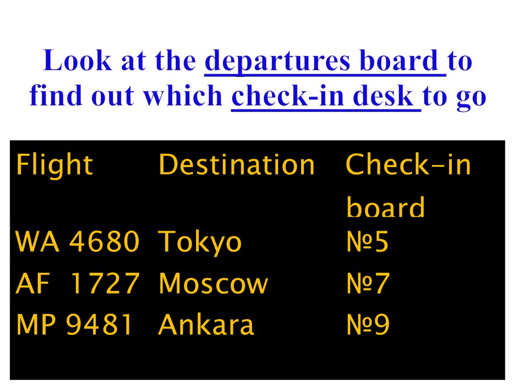 Look at the departures board to find out which check-in desk to go