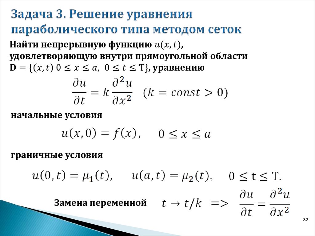 Задача 3. Решение уравнения параболического типа методом сеток