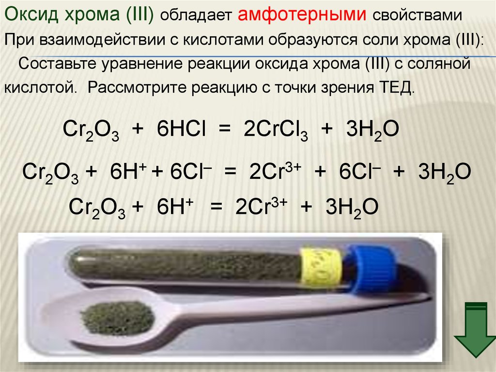 Оксид хрома 6 формула кислоты. Оксид хрома 3 реагирует с кислотами. Химические свойства оксида хрома 3 уравнения реакций. Реакция соляной кислоты и оксида хрома 3. Оксид хрома 6 и соляная кислота.