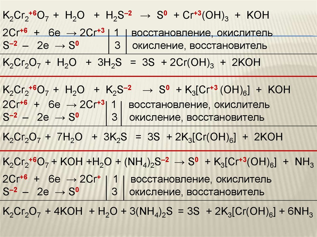 Ki koh реакция. CR+6 CR+3. K2cr2o7 h2s h2o в Koh. Cr2—>CR(Oh)3—>cr2o3—>CR—>cr2s3. Окисление восстановление окислитель восстановитель.