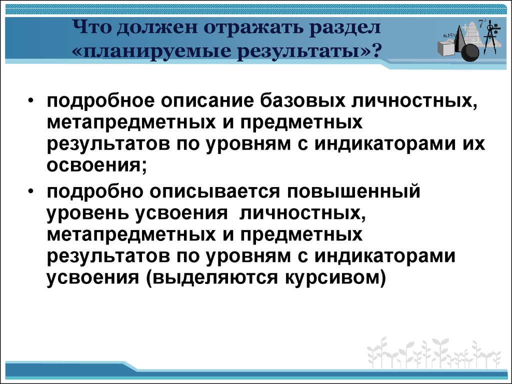 Метапредметные Результаты должны отражать. Планируемым к разделу.