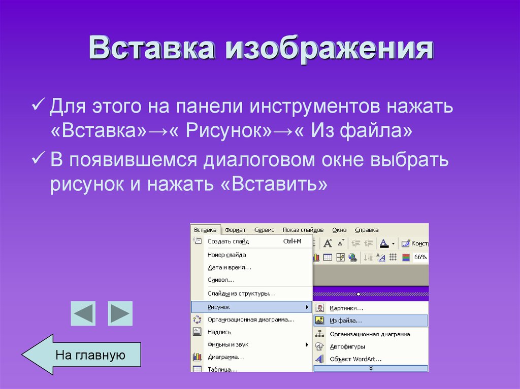 Команды вставки картинки в презентацию программы powerpoint