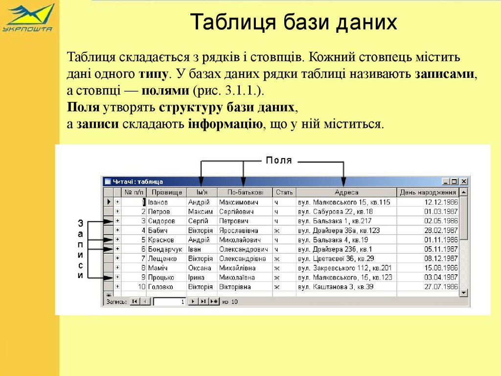 Приведен фрагмент таблицы базы данных. Бази даних виды. Структурные единицы таблицы базы данных. Таблица базы данных шедевры живописи. Тип поля в таблиці бази даних визначається....