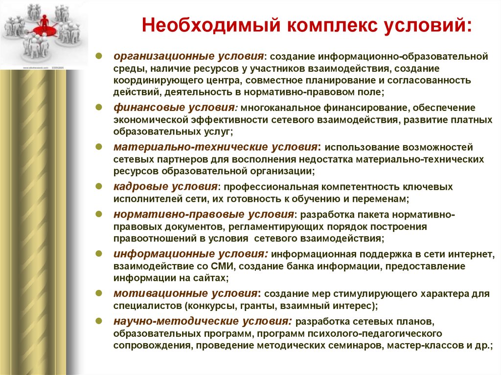 Комплекс необходимый. Условия организационного развития. Организационные условия это. Комплекс необходимых условий для сетевого взаимодействия. Комплекс действий в деятельности.