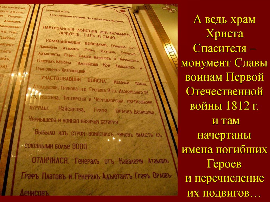 А ведь храм Христа Спасителя – монумент Славы воинам Первой Отечественной войны 1812 г. и там начертаны имена погибших Героев и